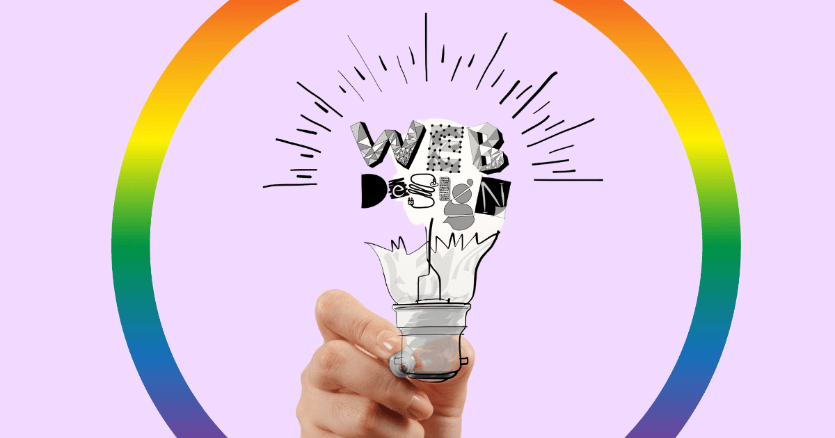 Mano dibujando una bombilla rota con texto 'Web Design' en colores LGTBI+