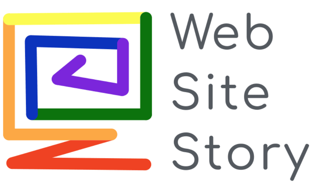 Logotipo de Web Site Story: Espiral digital con colores LGTBI+