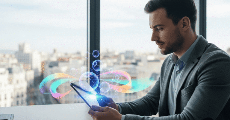 Consultor experto de Web Site Story analizando una estrategia de SGE (Search Generative Experience) en una tablet, representando la adaptación técnica del SEO a la nueva búsqueda generativa de Google en Madrid.