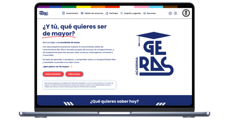 Un ordenador portátil abierto mostrando la plataforma interactiva de la Academia de Geras, destacando su navegación tipo "constelación" y recursos especializados para la Fundación 26 de Diciembre.