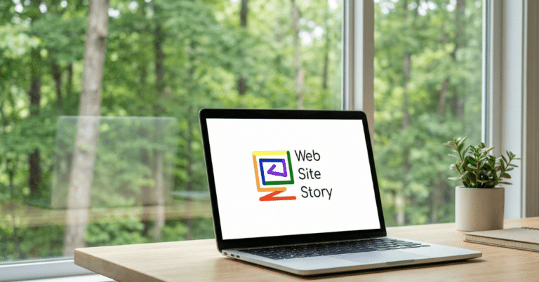 Un portátil moderno sobre una mesa de madera que muestra el logotipo de Web Site Story en la pantalla sobre una interfaz web minimalista, con un bosque verde nítido y luminoso de fondo a través de un ventanal.