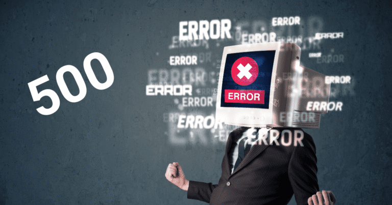 Imagen conceptual de un Internal Server Error 500 en WordPress: persona con traje y cabeza de monitor antiguo mostrando un mensaje de error y el número 500 de gran tamaño.