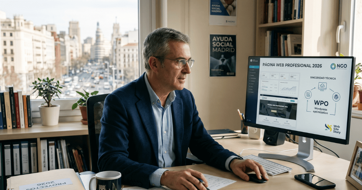 Director de ONG en Madrid revisando el presupuesto y optimización de una página web profesional en su ordenador.
