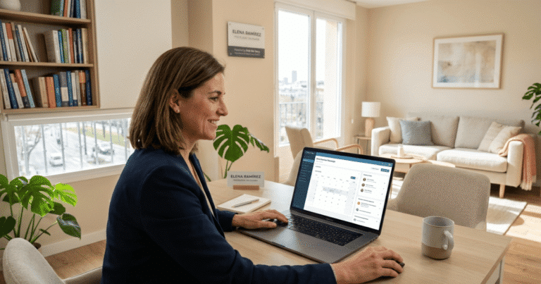 Psicóloga profesional gestionando su página web para psicólogos con WordPress avanzado y sistemas de reserva.