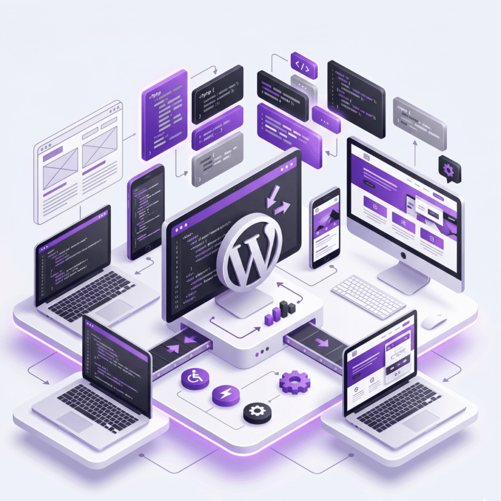 Ilustración isométrica en 3D sobre desarrollo web a medida con WordPress, mostrando pantallas de ordenadores, portátiles y dispositivos móviles interconectados con códigos de programación en tonos morados y grises sobre fondo blanco.