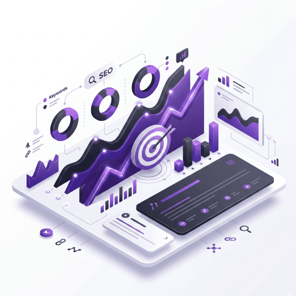 Ilustración isométrica en 3D de un panel de analítica SEO con gráficas de crecimiento en tonos morados, negros y grises, integrando una diana como objetivo estratégico para empresas y ONG.