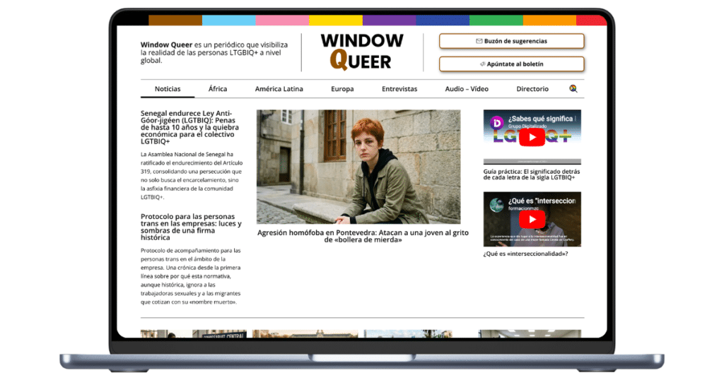 Mockup de un ordenador portátil mostrando la portada del periódico digital Window Queer con diseño responsive.