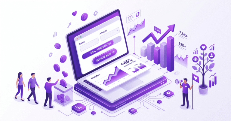 Ilustración isométrica en 3D sobre conversión web en ONGs con un ordenador mostrando un formulario de donación, métricas de crecimiento y personas colaborando en tonos morados.